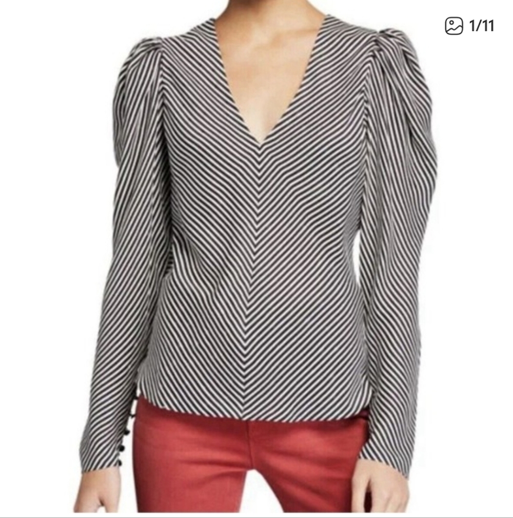 Maison d'Amelie Black and White Striped Women's Top Puffy Sleeves